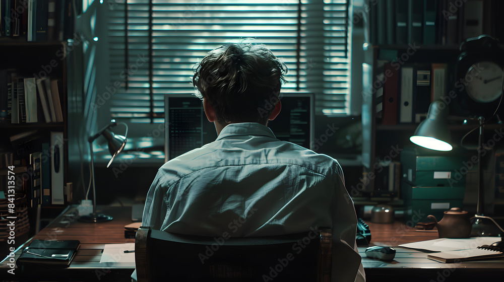 university student sitting at a desk. back view. dark cinematic light university student sitting at a desk. back view. dark cinematic light