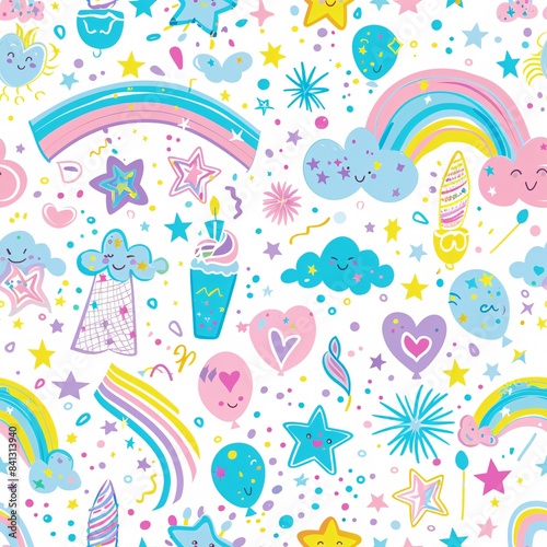 Colourful and magical birthday-themed seamless pattern with stars and fantasy elements, ideal for posters, party decorations, and pride celebrations in pastel and rainbow colours