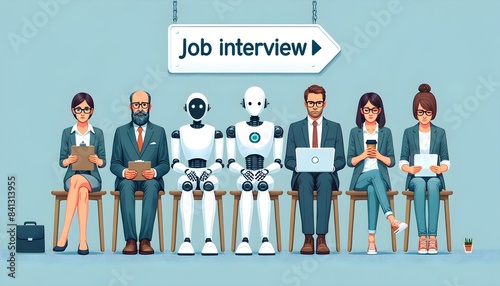 Robots and humans sitting in line for job interview. Digital illustration. Artificial intelligence in recruitment concept. Design for poster, banner, wallpaper.