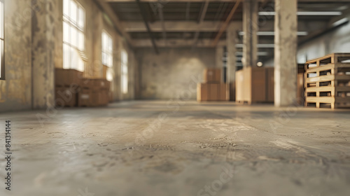 Warehouse in soft focus. Unoccupied warehouse with a clear backdrop. Banner. Ultra HD. High definition. Room for inscription. 