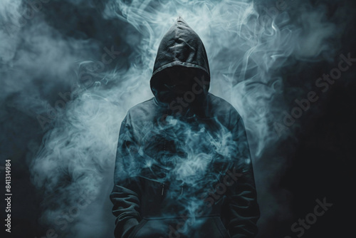 a person in a hoodie standing in front of a dark background