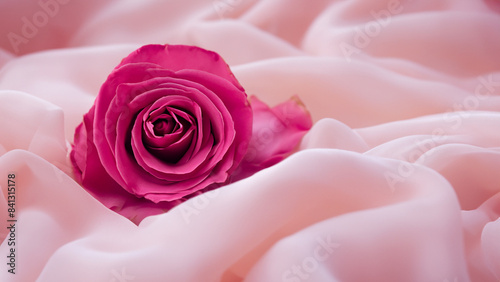 A pink rose on top of soft flowing fabric with a dreamy and romantic atmosphere art illustration design