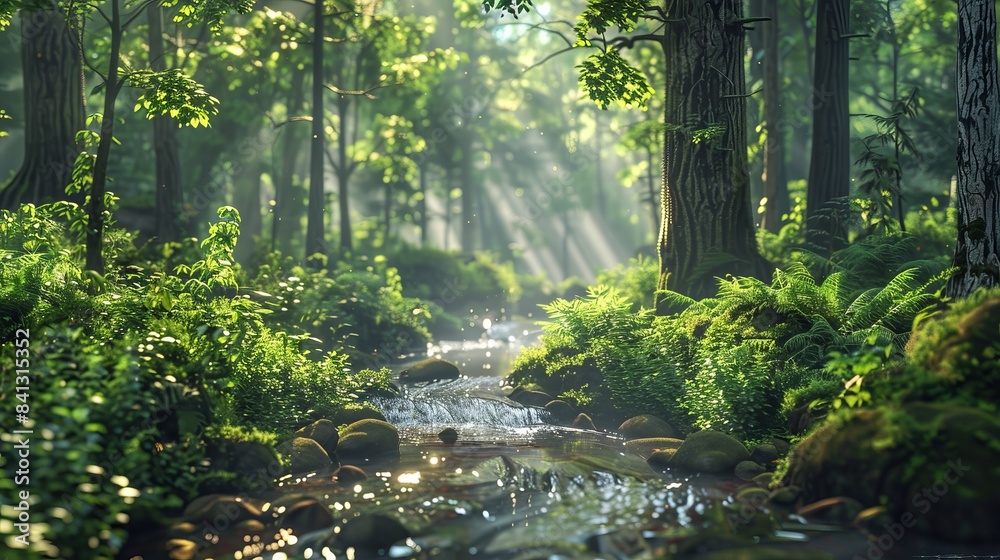 Obraz premium Dense forest with a small stream, sunlight filtering through the trees, lush greenery, hyper-realistic