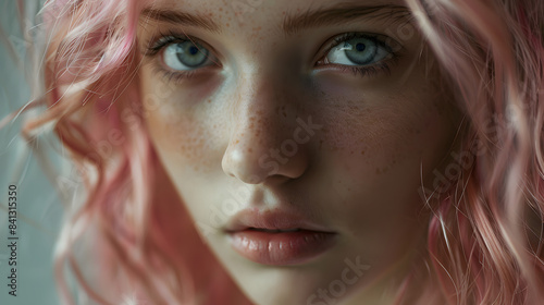Young girl of 15 years old. woman. with fine and delicate and tender features. wavy pink hair and gray eyes with a white shirt  © Oleksandr