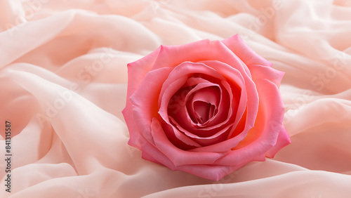 A pink rose on top of soft flowing fabric with a dreamy and romantic atmosphere art illustration design