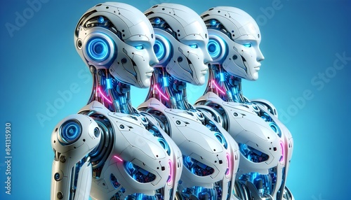 Row of humanoid robots in futuristic setting. High-tech digital art with neon lighting. Artificial intelligence and robotics concept. Design for poster, banner, wallpaper.