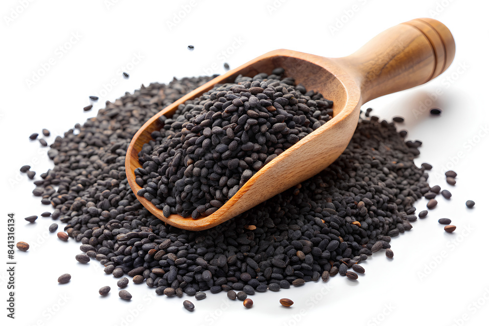 Black sesame in scoop on isolate white background