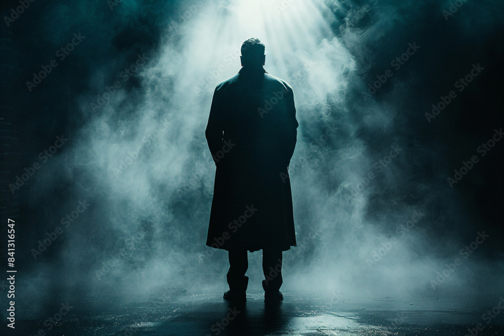 Obraz premium a man in a long coat standing in a foggy room