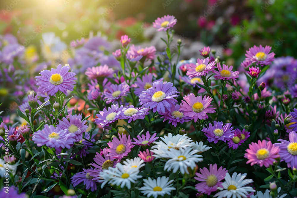 Title: Vibrant aster flowers in a lush, colorful garden landscape Title: Vibrant aster flowers in a lush, colorful garden landscape