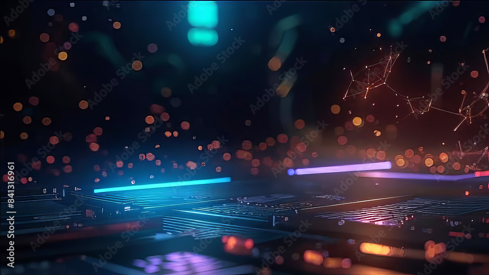 Obraz premium dark technology background with shimmering neon particles, smooth waves above the surface, basis for design, abstract dark background,