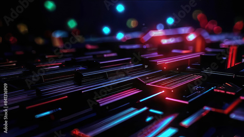 dark technology background with shimmering neon particles, smooth waves above the surface, basis for design, abstract dark background,