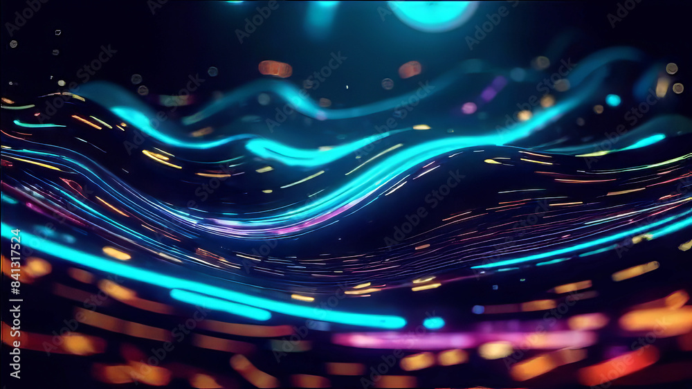 Naklejka premium dark technology background with shimmering neon particles, smooth waves above the surface, basis for design, abstract dark background,