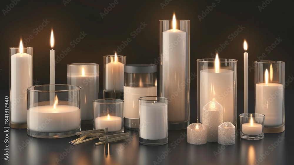 Group of candles in various shapes and sizes sit on a wooden table, providing soft warm lighting Group of candles in various shapes and sizes sit on a wooden table, providing soft warm lighting