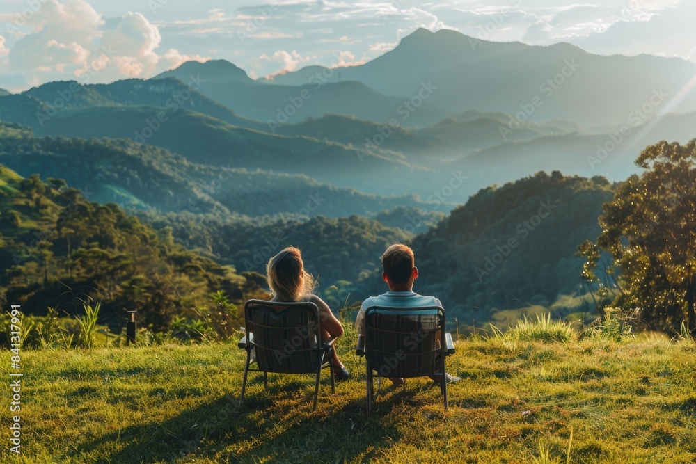 A couple is sitting in chairs on a hill, looking out at the view A couple is sitting in chairs on a hill, looking out at the view
