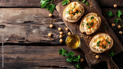 A wooden cutting board topped with toasted bread and garnished with chickpeas