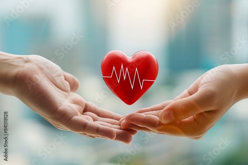 A red heart with a cardiogram being transferred between hands, highlighting the compassionate act of organ donation