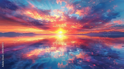 Design a digital artwork of a worms-eye view sunrise over a serene lake photo