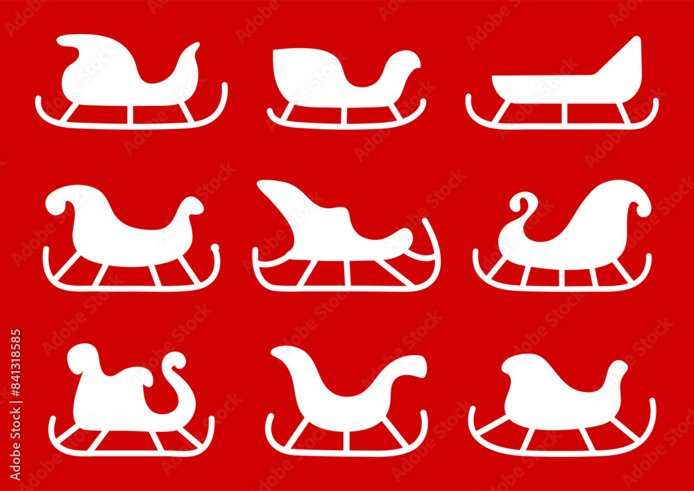 Silhouettes of white sleighs on a red background. Vector illustration