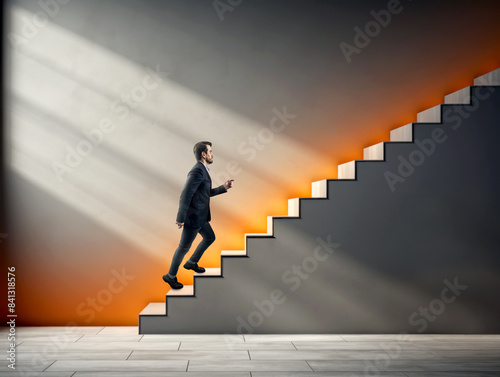 A man ascending a staircase with contrasting light and shadows, on a plain background, concept of progress. Generative AI