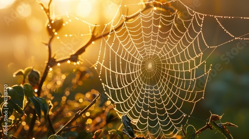 Illustrate a dew-kissed spider web glistening in the early morning light, emphasizing the shimmering droplets intertwined with the intricate web patterns