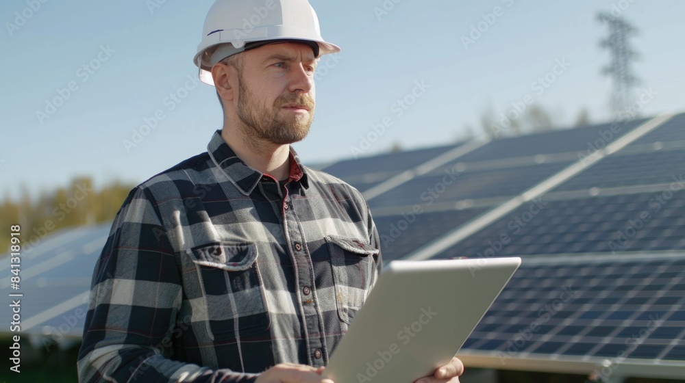 A worker uses a laptop on a construction site, possibly for communication or documentation