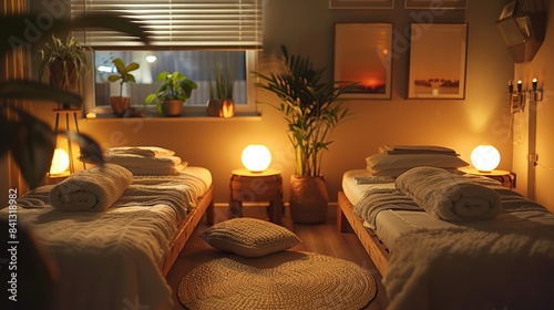 Relaxing spa room with beds and warm lighting photo