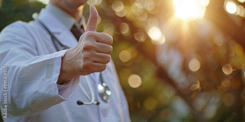 Obraz premium Medical professional with thumbs up and hand in thank-you gesture against blurred background. A skilled surgeon with stethoscope in yes sign for health success