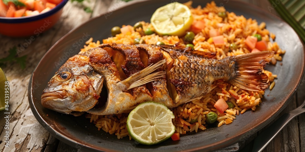 A dish featuring a fish served with rice, a common meal in many cultures A dish featuring a fish served with rice, a common meal in many cultures