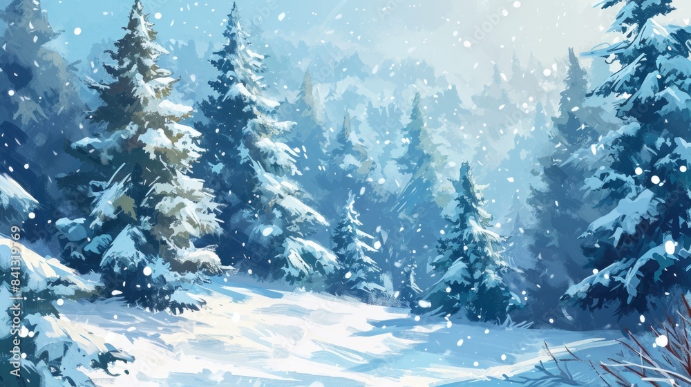 Winter scene with snow-covered trees, calm and serene atmosphere Winter scene with snow-covered trees, calm and serene atmosphere