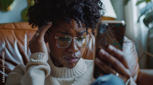 A stressed woman reads her phone at home for bad news, problems, and social media mistakes. Confused African woman with anxiety, mistrust, and mobile fraud frustration
