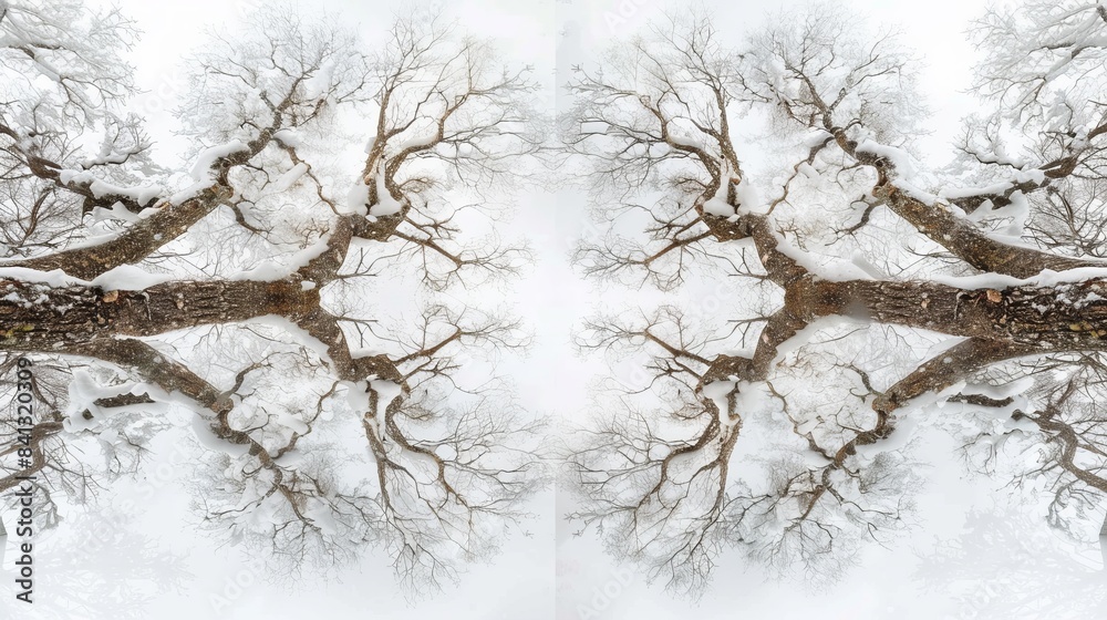 Transform the natural symmetry of a snow-covered forest into a mesmerizing abstract composition, highlighting the intricate patterns of tree branches against the white backdrop