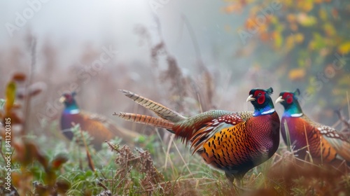 Obraz w ramie Colorful Pheasants in Misty Autumn Field
