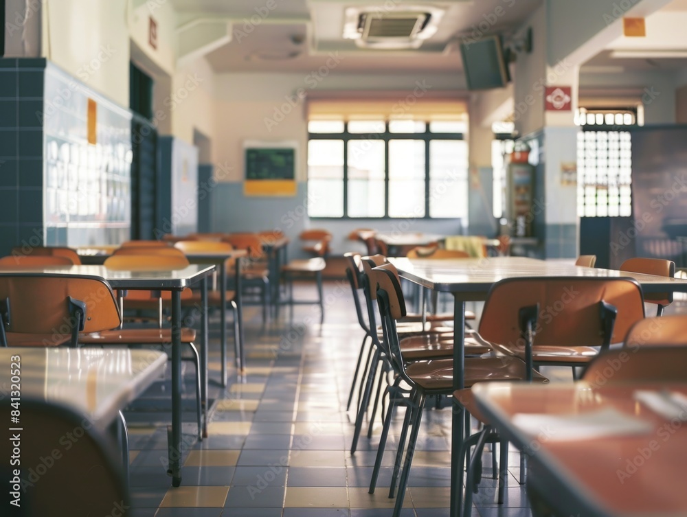 Cafeteria interior with empty tables and chairs