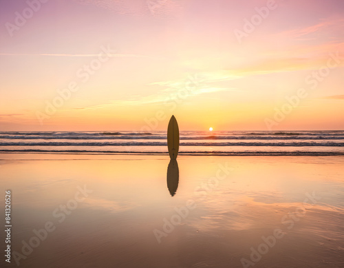 Single surfboard standing upright on the wet sand against a background of the setting sun. Silhouette against a vibrant sky. Concepts of nature, surfing, end of a day, travel.