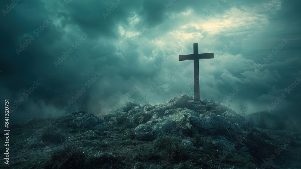 A solitary cross stands on a rocky hill under a dramatic, stormy sky, symbolizing faith, spirituality, and resilience. A solitary cross stands on a rocky hill under a dramatic, stormy sky, symbolizing faith, spirituality, and resilience.
