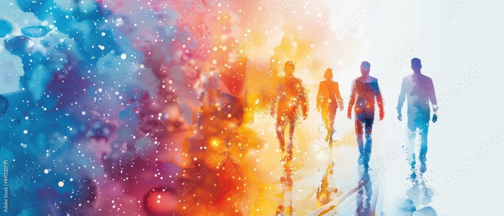 A vibrant illustration showing a group of people walking into a colorful, dreamy background, symbolizing imagination and creativity. A vibrant illustration showing a group of people walking into a colorful, dreamy background, symbolizing imagination and creativity.