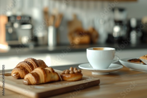 A plate of flaky croissants served with a cup of steaming hot coffee