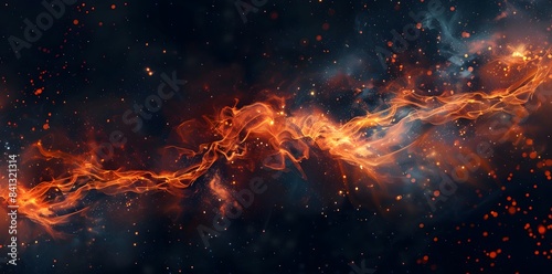 a background of dark space with orange and purple sparks, smoke on the right side, stars in black sky