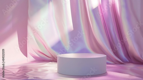 Minimalist display setup featuring a cylindrical podium on a soft lilac backdrop with shimmering rainbow crystal light reflections