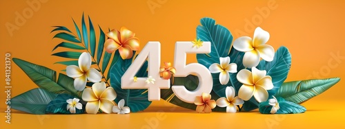 Vibrant 3D Rendered Number 45 Decorated with Tropical Leaves and Flowers on Bright Background photo