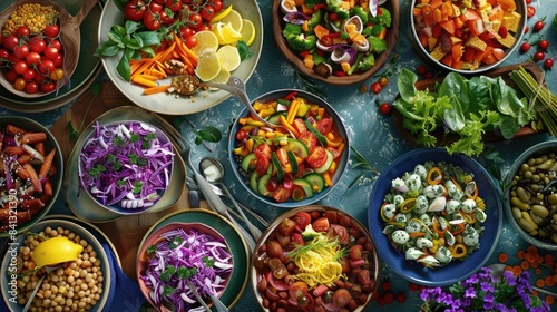 A table filled with various foods, including fruits, vegetables, meats, and more