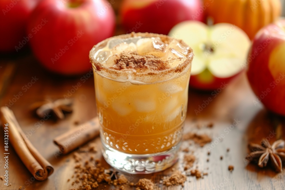 Refreshing apple cider cocktail garnished with cinnamon, surrounded by fresh apples and spices Refreshing apple cider cocktail garnished with cinnamon, surrounded by fresh apples and spices