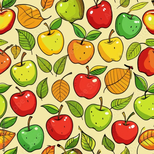 Seamless pattern of hand-drawn apples with leaves, showing different varieties like red, green, and yellow, Generative AI