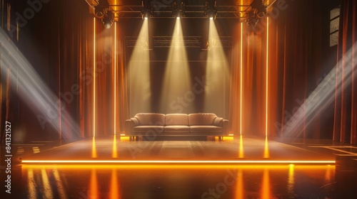 Modern dance stage with a couch, spotlight illuminating the set with warm white and soft amber lights, creating an inviting atmosphere for entertainment shows