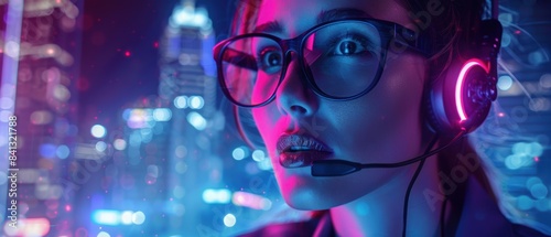 Close-up of a young woman using a headset and glasses in a neon-lit cityscape, symbolizing technology and urban gaming culture.