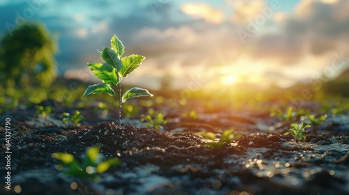 Close-up of a young green plant sprouting in fertile soil at sunrise, symbolizing new beginnings and growth in a natural environment. photo
