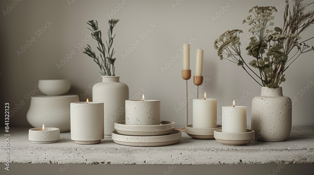 A still life featuring white candles in various sizes, white ceramic vases, and dried flowers on a textured concrete shelf. A still life featuring white candles in various sizes, white ceramic vases, and dried flowers on a textured concrete shelf.