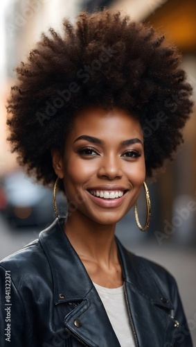 portrait of smiling black woman with an afro hairstyle on the street 