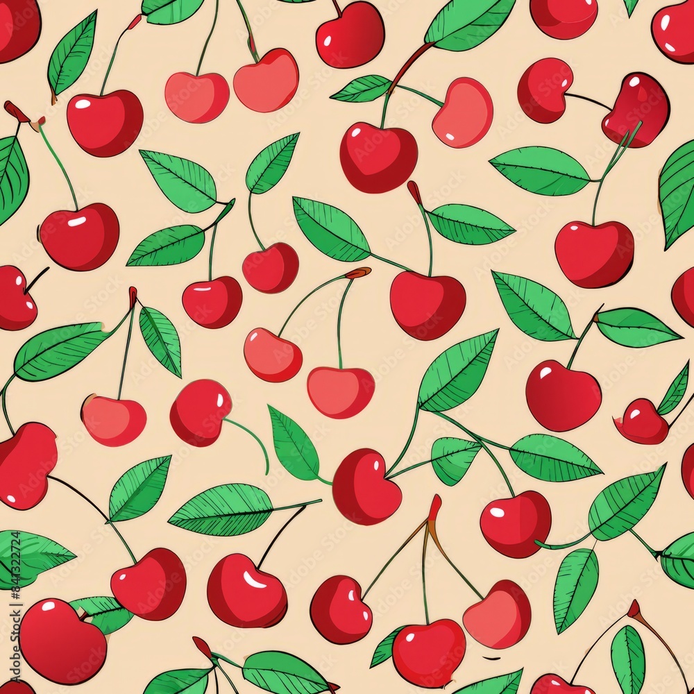 Seamless pattern of hand-drawn cherries with stems and leaves, some paired and some single, Generative AI Seamless pattern of hand-drawn cherries with stems and leaves, some paired and some single, Generative AI