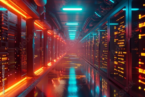 A futuristic data center complete with server racks and LED lighting focuses on database storage. It is a state-of-the-art facility designed to store and manage vast amounts of digital data.